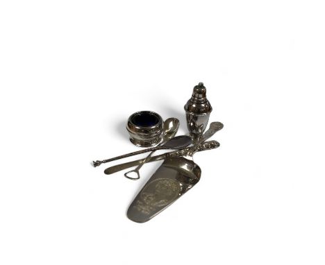 A small group of assorted teaspoons, condiment spoons, small servers, etc. including a Millennium seal top spoon by A. E. Jon