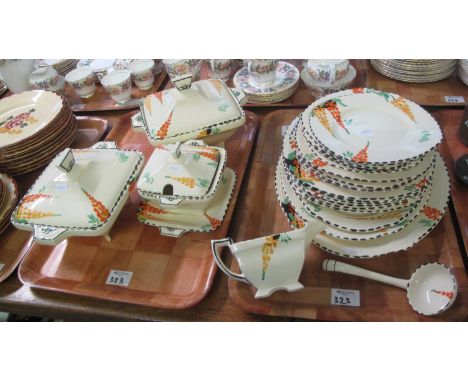 Two trays of Burleigh ware Art Deco design dinnerware items on a cream ground with painted enamel decoration to include; plat