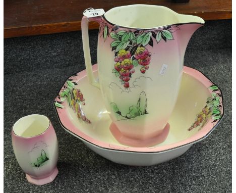 1930's design Staffordshire pottery jug and basin with matching toothbrush vase. (3)(B.P. 21% + VAT) 