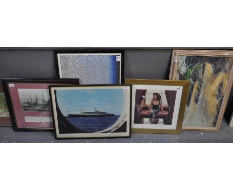 Group of assorted furnishing pictures to include; marine, an abstract print outer space, a study of Queen Elizabeth II, photo