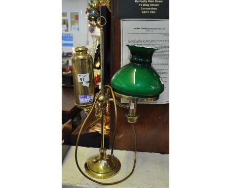 19th Century brass reading lamp with overlay glass shade ,converted to electricity.(B.P. 21% + VAT) In good condition, lacks 