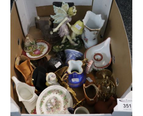 Box of assorted items to include; Limoges porcelain two handled vase and a ceramic study of a fairy with mushroom etc. (B.P. 