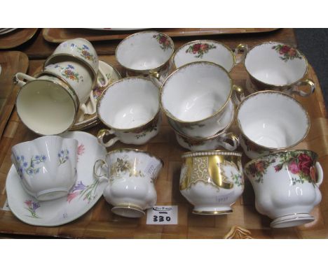 Tray of assorted china to include; Shelley 'blue rock' cabinet cup and saucer, Royal Albert 'Old Country Roses' teacups (no s