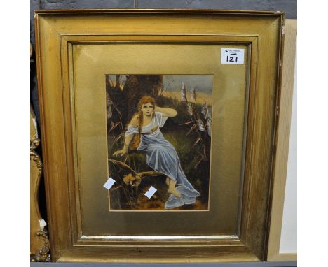 Pre-Raphaelite style portrait of a young woman in a wood with an owl, coloured print. 25 x 19cm approx, framed and glazed. (B