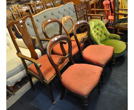 Group of assorted Victorian and later dining and bedroom chairs, button backed nursing chair and an oak framed splat backed e