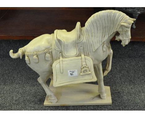 Modern ceramic Chinese style Tang horse on tapering rectangular base, 46cm high approx.(B.P. 21% + VAT) Rather grubby, the ta