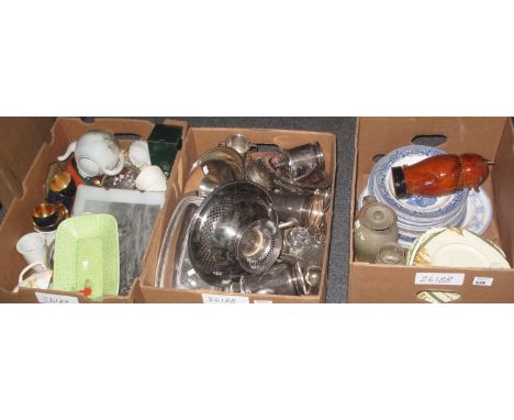 Three boxes of assorted china, glass and metalware to include; blue and white bowls and plates, pottery money box in the form