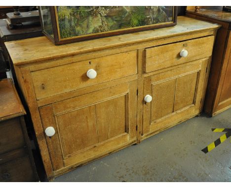 Late Victorian pine farmhouse sideboard with ceramic knob handles. (B.P. 21% + VAT) Very rough/rustic condition. Well worn, s