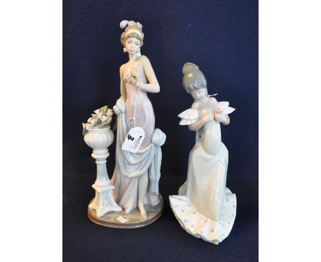 A large Lladro porcelain figurine of a gracious young woman stood next to a pedestal jardiniere of flowers. Printed marks, 35