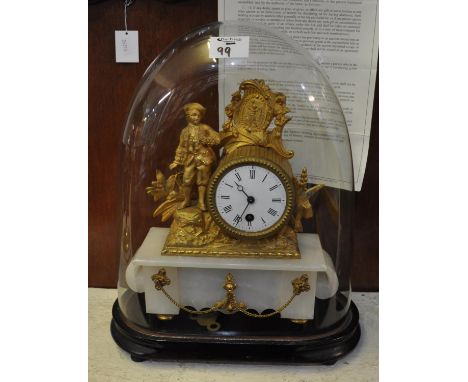19th Century French gilt metal and alabaster figural mantel clock having French brass drum movement on an ebonised wooden bas