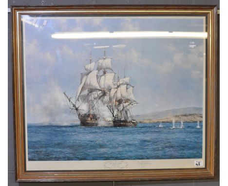 After Montague Dawson, 'The smoke of battle, the gallant speedy', coloured marine print, signed in pencil by the artist and w