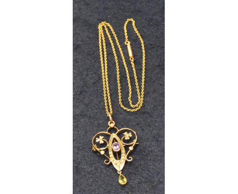 9ct gold Art Nouveau Suffragette pendant on chain set with amethyst, peridot and pearls. Weight 7.3g approx. (B.P. 21% + VAT)