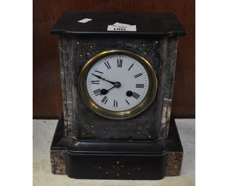 Late 19th Century black slate and marble two train mantel clock having French brass drum movement, striking on one bell. 25cm