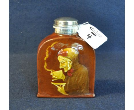 Royal Doulton Dickensware pottery shouldered tea caddy with relief figure of an old woman drinking tea, having silver collar 