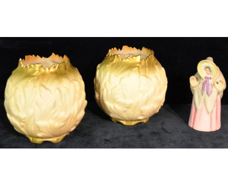 A pair of Royal Worcester globular relief moulded leaf vases, shape no. G757, together with a Royal Worcester candle snuffer 