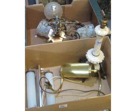 Two boxes of assorted light fittings, desk lamp and hardstone table lamp base. (B.P. 21% + VAT) 