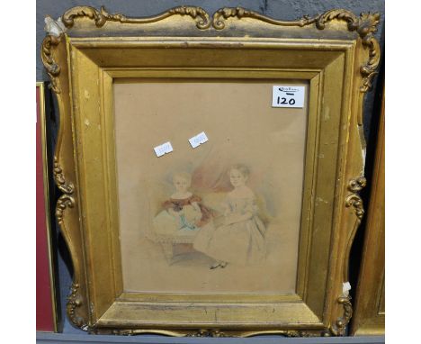 19th Century British school, portrait of two children in an interior, watercolours. Gilt foliate frame, 29 x 24cm approx. Tog