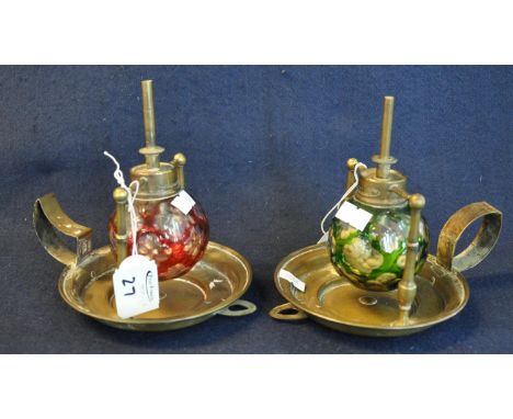 Pair of late 19th Century French brass gimballed chamber oil lamps with overlay glass reservoirs and loop handles, wall hangi