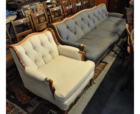 Modern French style show frame button backed armchair with loose cushion on scrolled feet, together with a matching long butt