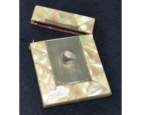 Mother of pearl calling card case with hinged cover and engraved engine turned white metal inset panel. 10.5cm approx. (B.P. 
