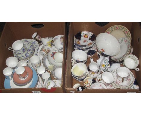 Two boxes of assorted china to include; Gaudy Welsh tulip design teaware, Paragon 'Victoriana Rose' part teaware, Aynsley 'co