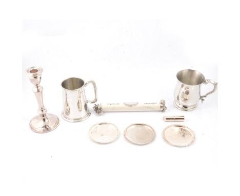 Silver-plated gift items, new; a single EP on copper 21cm candlestick; diploma scroll holder, with owl caps and oval plate fo
