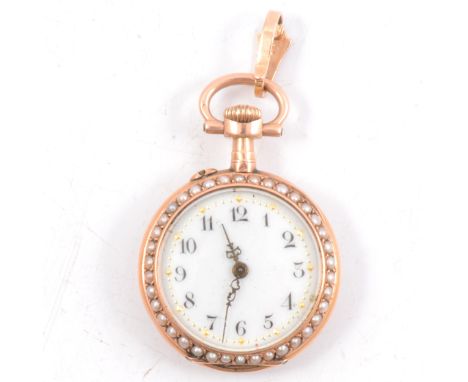 A 14 carat yellow gold open face fob watch, the white enamel dial having an arabic numeral chapter ring with seed pearl bezel