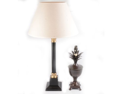 Contemporary table lamp, black column, 73cm with shade, and one other urn shaped.