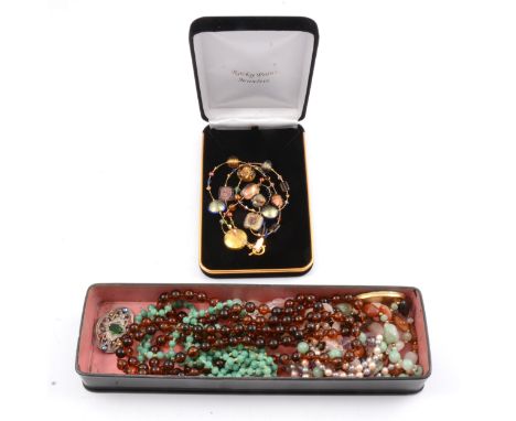 A papier-mache black glove box decorated with flowers, Italian oval micro mosaic brooch, 45x30mm, tumblestone quartz necklace