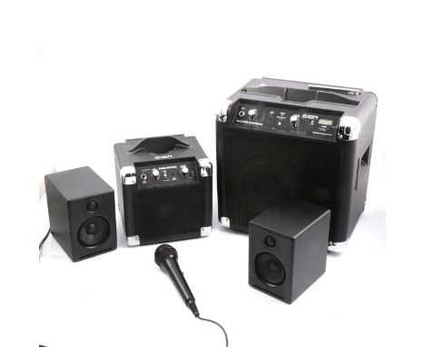 Ion Tailgater Bluetooth speaker; Ion Road Rocker wireless speaker; Ion microphone; and a pair of Audioengine 2+ powered speak
