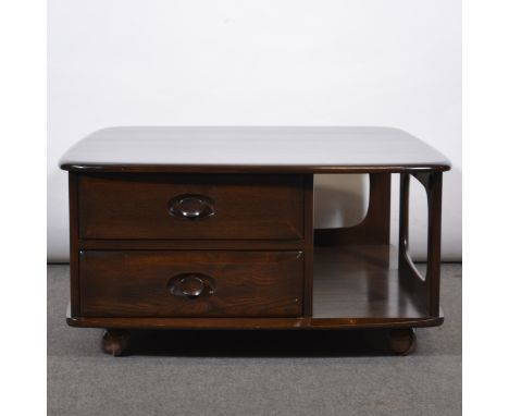 Ercol Pandora's Box coffee table, dark elm, square top, two drawers and shelves under, on casters, the top 80x80cm, height 39
