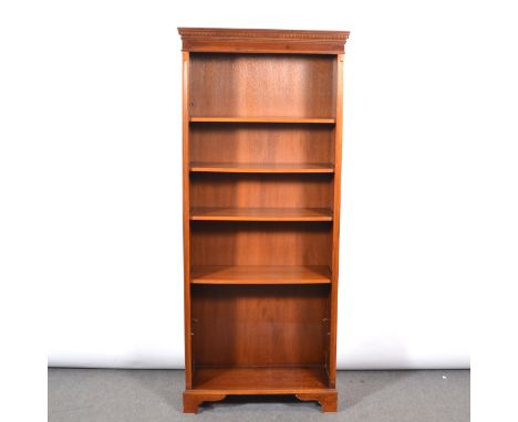 Modern mahogany open bookcase, dentil cornice, plain frieze, five adjustable shelves, bracket feet, width 77cm, depth 32cm, h