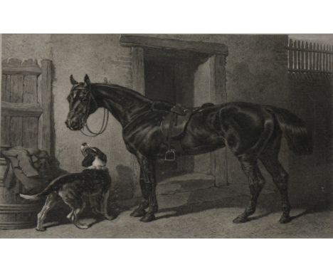Victorian monochrome engraving, Horse by a stable, plate marks 40x47cm; and Ward after Rev. Peters, The Gamesters, monochrome