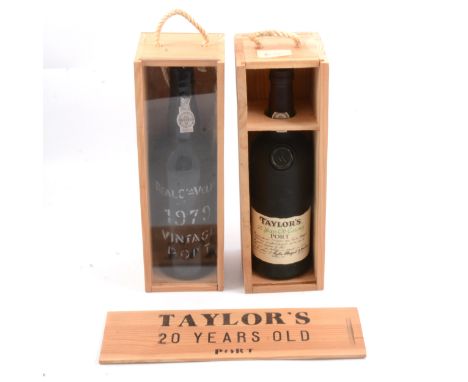 Taylor's 20 year old Tawny Port, bottled 1989, wooden case; and Real Companhia Velha 1979 vintage port, wooden case.