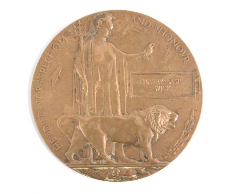 World War One Bronze Memorial Death Plaque, named Harry Basil Wick.