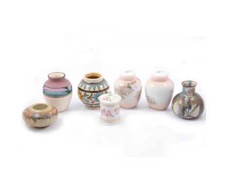 Cranston Pottery squat vase, 7cm; pair of Lorna Bailey conical cruet set, Waldorff Svaneke studio ceramic vase, 13cm; other d