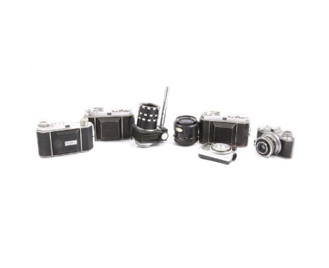 Vintage cameras, lenses and accessories, including Kodak Reina Ia; two other Kodak cameras; Schneider Photavit Compur-Rapid w