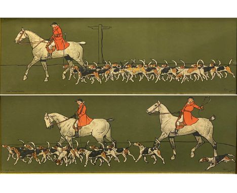 After Cecil Aldin, The Huntsman, Market Harborough, and The Whip, pair of colour prints, 27.5cm x 70.5cm, framed and glazed; 