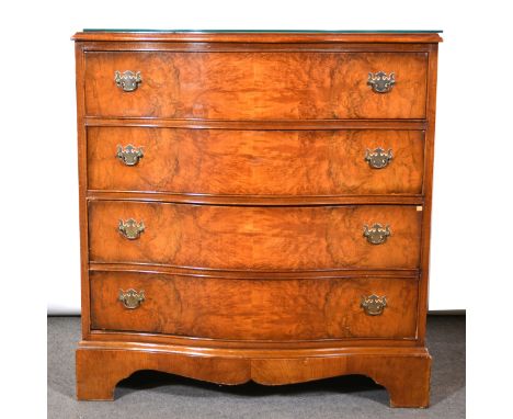Reproduction walnut serpentine chest of drawers, the top with moulded edge, four long drawers, bracket feet, width 78cm, dept