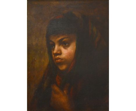 European (early 20th century), Portrait of a young girl with shawl, unsigned, oil on canvas, 44cm x 34cm.