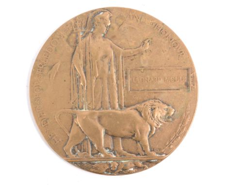 World War One Bronze Memorial Death Plaque, named Leonard Moule, Private 10591 in The Essex Regiment, in original folder with