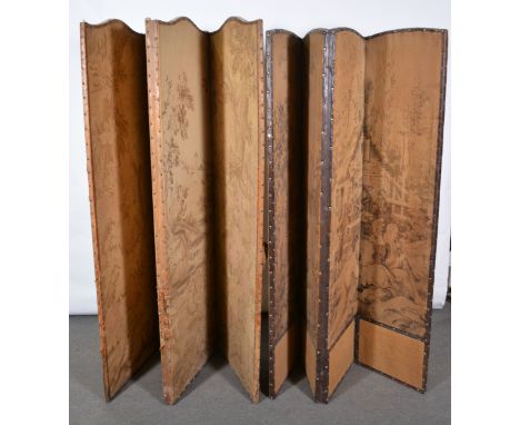 Four-panel folding screen, aubusson style machine tapestry to one side, height 190cm; and a similar but smaller four-fold scr