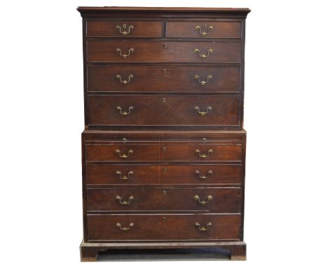 George III mahogany chest on chest cavetto cornice, the upper section with two short and three long graduating drawers the ba