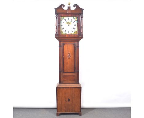 Oak and mahogany longcase clock, the hood with brass finial and swan neck pediment, turned columns, short door, bracket feet,