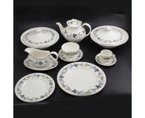 A Royal Doulton 'Burgundy' pattern part dinner and tea service, comprising lidded tureens, plates, gravy boat, teapot (16cm),