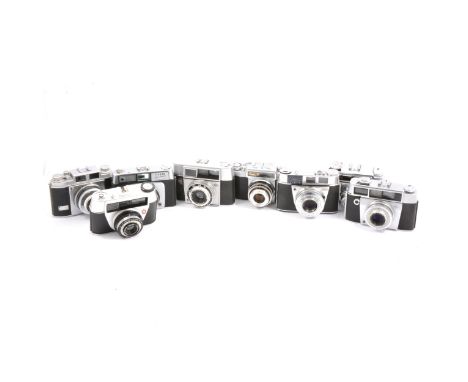 Eight mid-century 35mm cameras, including examples by Balda; Emi Emi-k; Agfa; Kodak; Ilford etc, all cased.