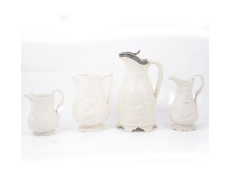 A Parian type Aristo and Tasso jug, with profile portrait roundels, Samuel Alcock &amp; Co, printed marks and no. 184, 21cm; 