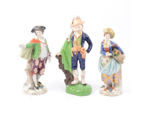 A pair of Capodimonte figures, male lute player and female with basket of flowers, 23cm; and another figure, unmarked, restor