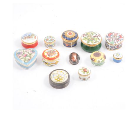 Halcyon Days enamel boxes, decorated with cats, kittens, flowers, a bee, Christmas robin; plus other enamel boxes by Crummles