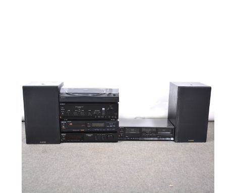 Sony Audio stack, including; PS-LX100 direct-drive vinyl turntable; TA-F300 stereo amplifier; CDP-310 CD disc player, with co
